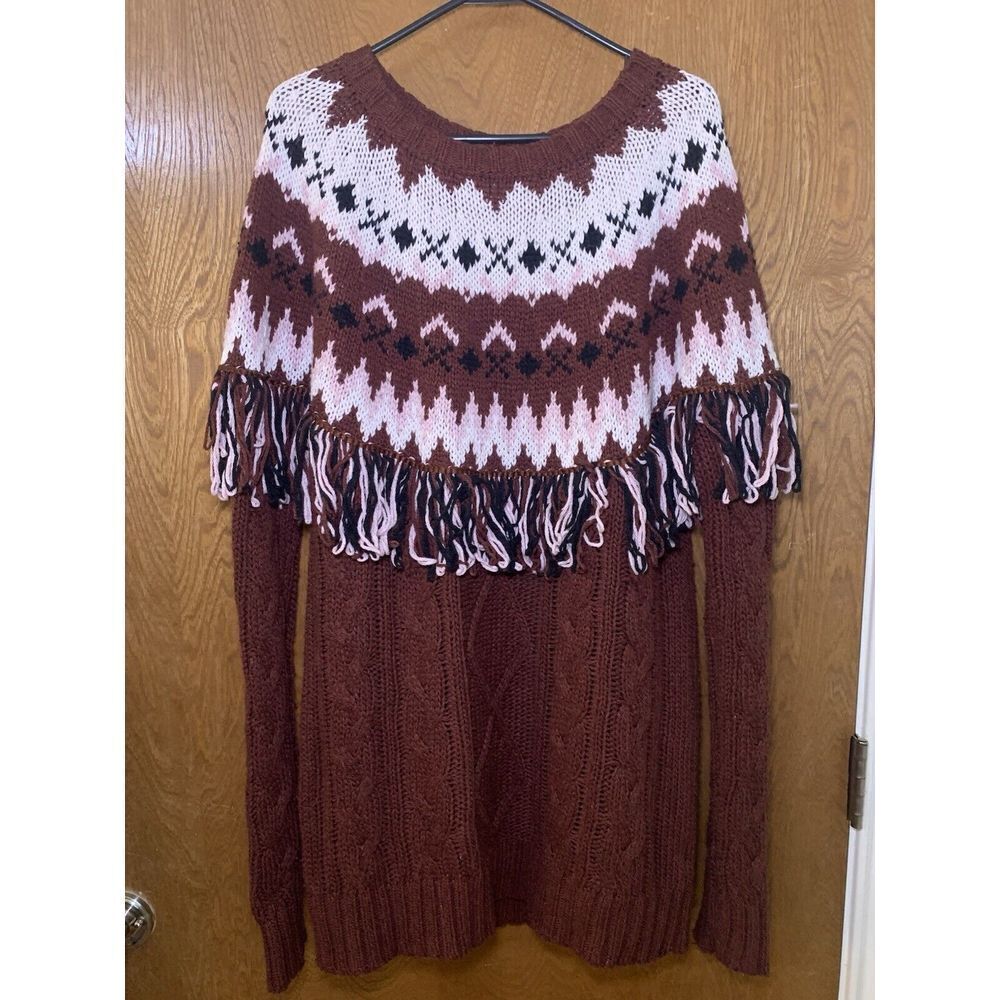 Glamorous Maroon Cable Knit Fringe Sweater Geometric Designs Size M Wool Blend
